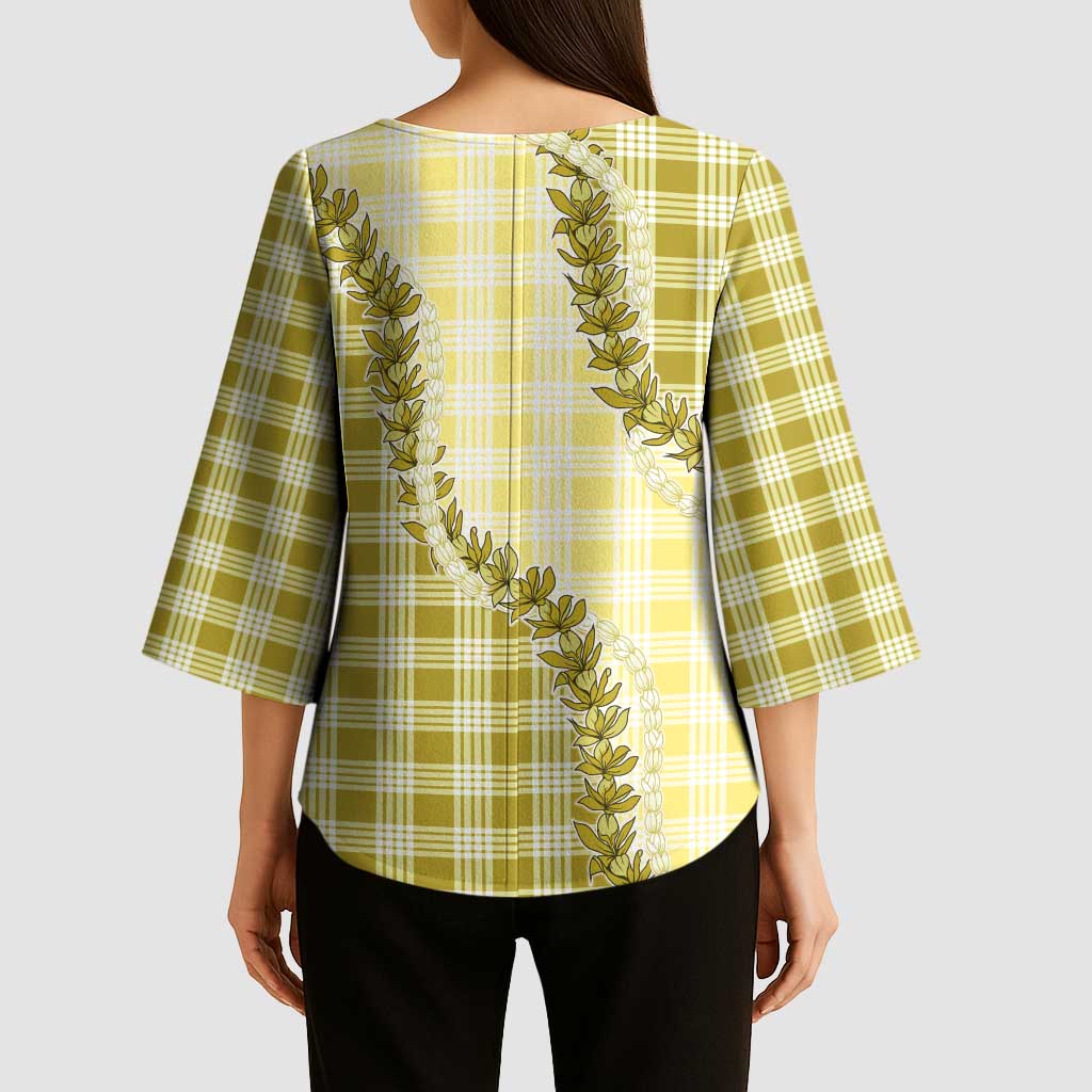 Yellow Hawaii Palaka Kimono Sleeve Blouse Hawaiian Pikake Lei LT05 - Polynesian Pride