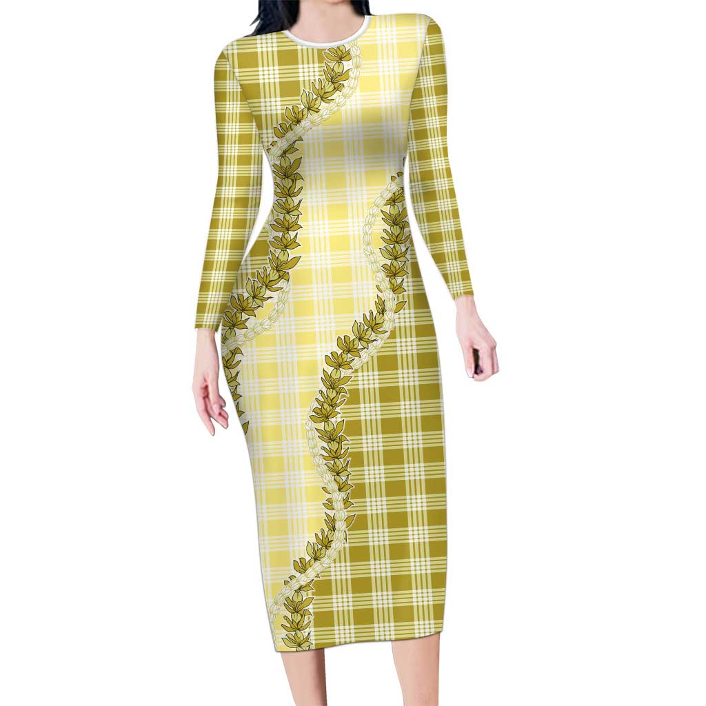 Yellow Hawaii Palaka Long Sleeve Bodycon Dress Hawaiian Pikake Lei LT05 Long Dress Yellow - Polynesian Pride