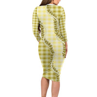 Yellow Hawaii Palaka Long Sleeve Bodycon Dress Hawaiian Pikake Lei LT05 - Polynesian Pride