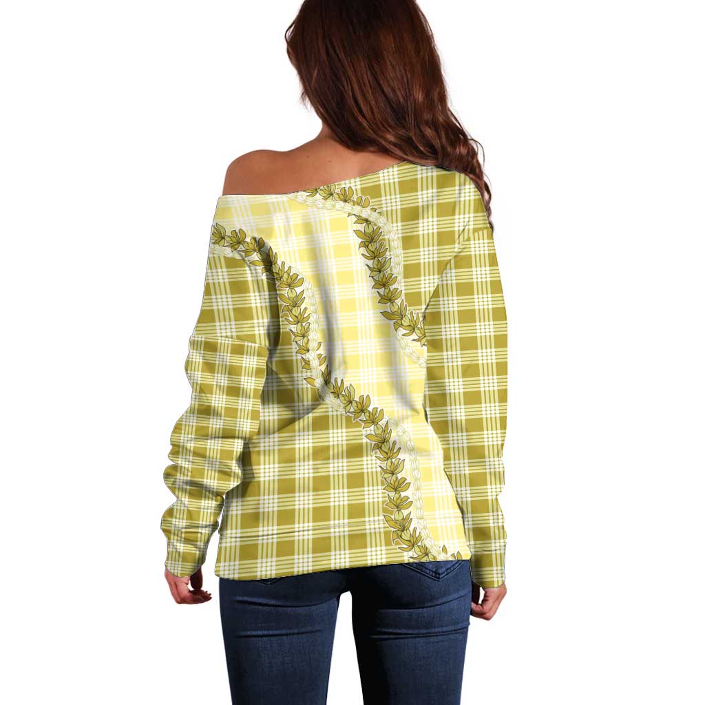Yellow Hawaii Palaka Off Shoulder Sweater Hawaiian Pikake Lei LT05 - Polynesian Pride