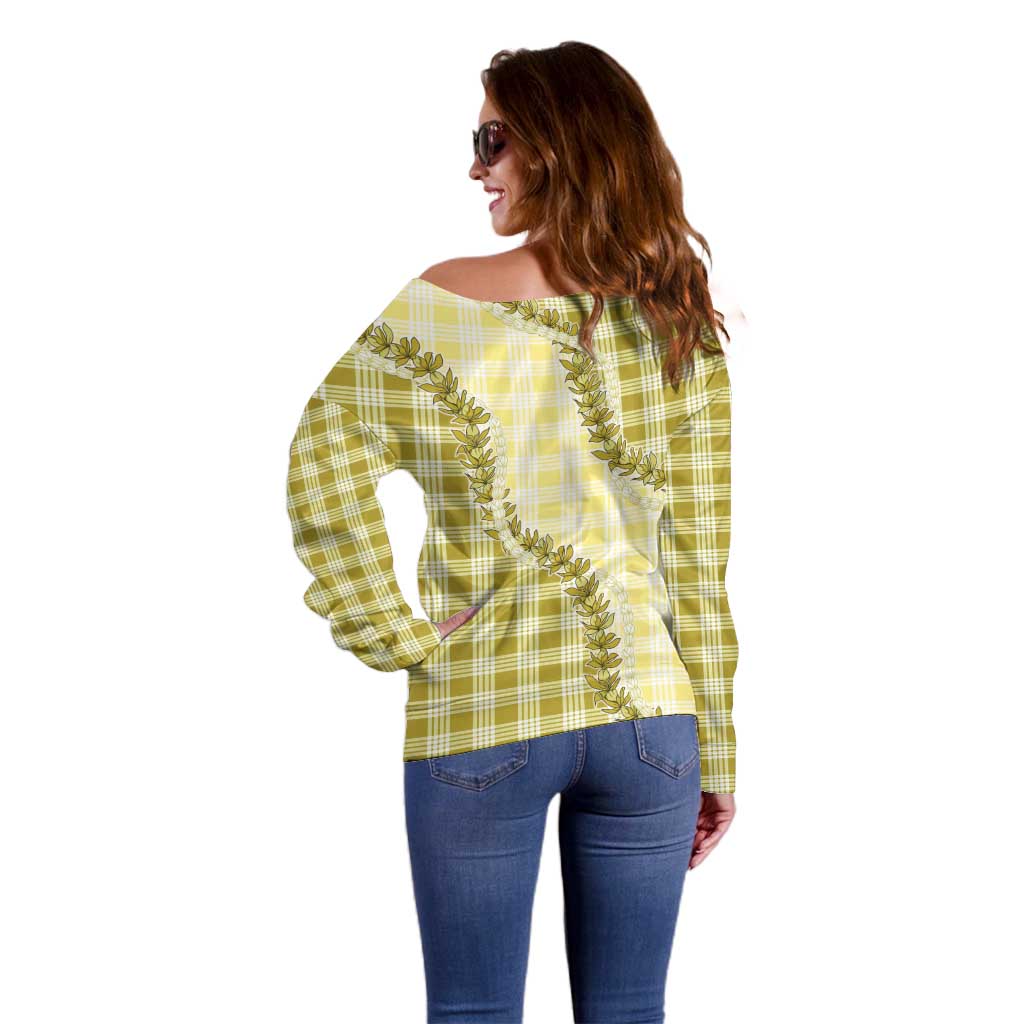 Yellow Hawaii Palaka Off Shoulder Sweater Hawaiian Pikake Lei LT05 - Polynesian Pride