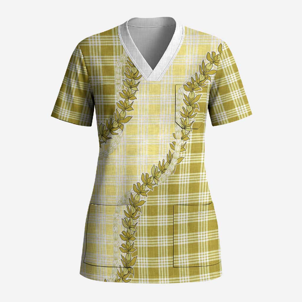 Yellow Hawaii Palaka Scrub Top Hawaiian Pikake Lei LT05 Adult Yellow - Polynesian Pride