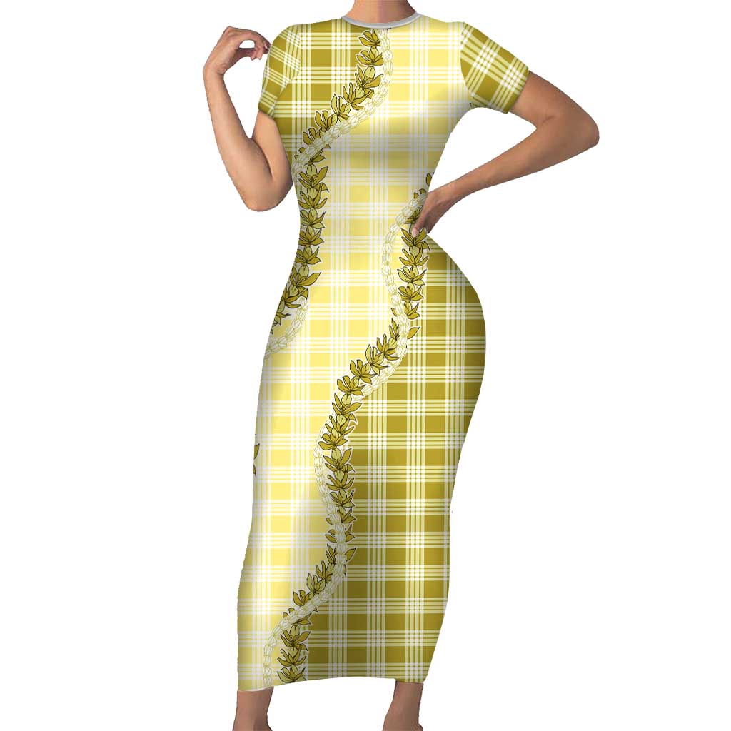 Yellow Hawaii Palaka Short Sleeve Bodycon Dress Hawaiian Pikake Lei