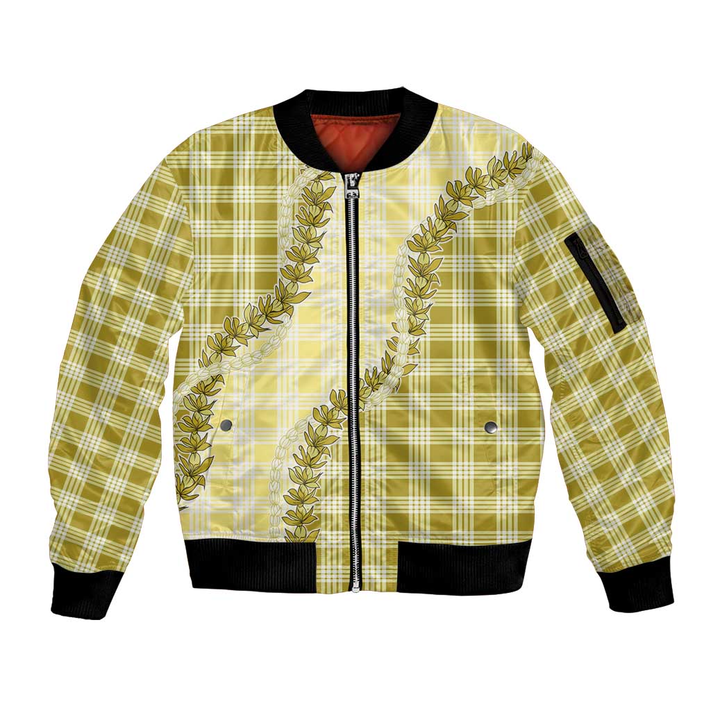 Yellow Hawaii Palaka Sleeve Zip Bomber Jacket Hawaiian Pikake Lei LT05 Unisex Yellow - Polynesian Pride