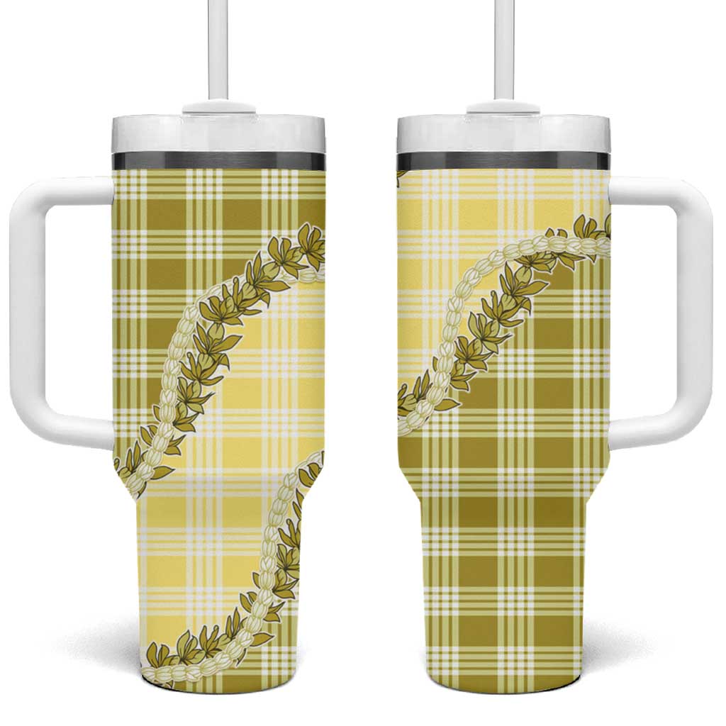 Yellow Hawaii Palaka Tumbler With Handle Hawaiian Pikake Lei LT05 One Size: 40 oz Yellow - Polynesian Pride