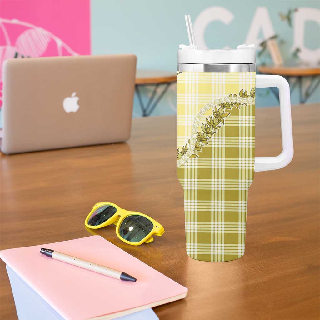 Yellow Hawaii Palaka Tumbler With Handle Hawaiian Pikake Lei LT05 - Polynesian Pride