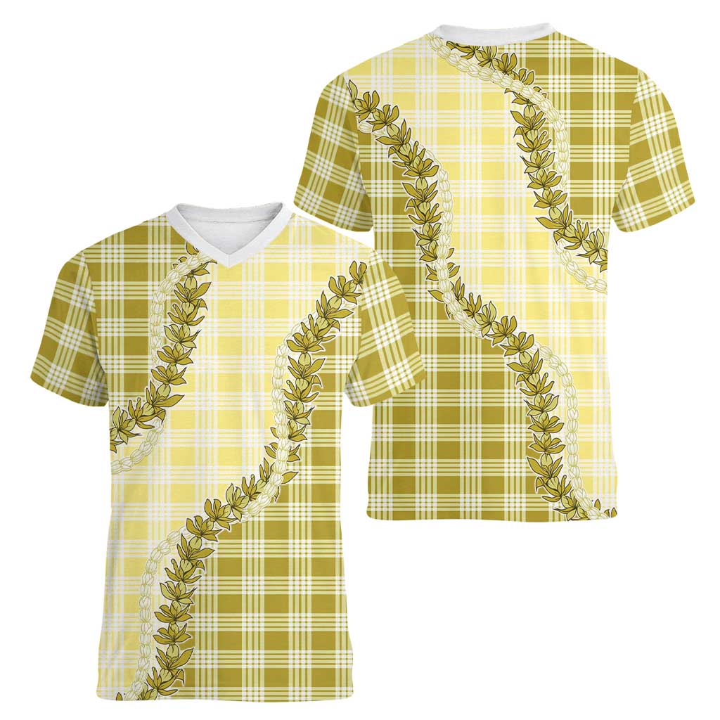 Yellow Hawaii Palaka Women V-Neck T-Shirt Hawaiian Pikake Lei LT05 - Polynesian Pride