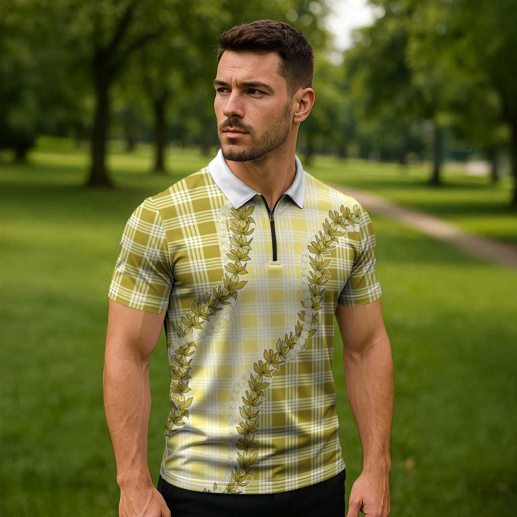 Yellow Hawaii Palaka Zipper Polo Shirt Hawaiian Pikake Lei LT05 - Polynesian Pride