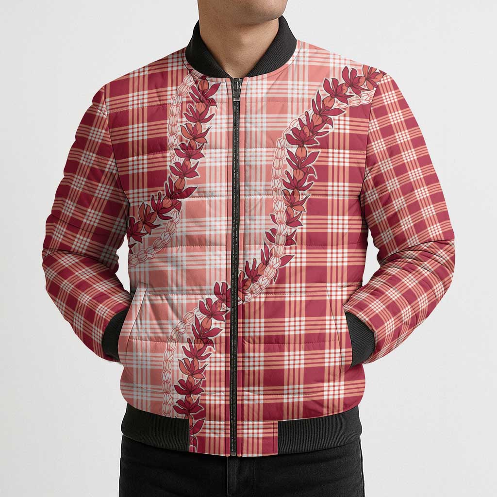 Red Hawaii Palaka Bomber Puffer Jacket Hawaiian Pikake Lei LT05 - Polynesian Pride