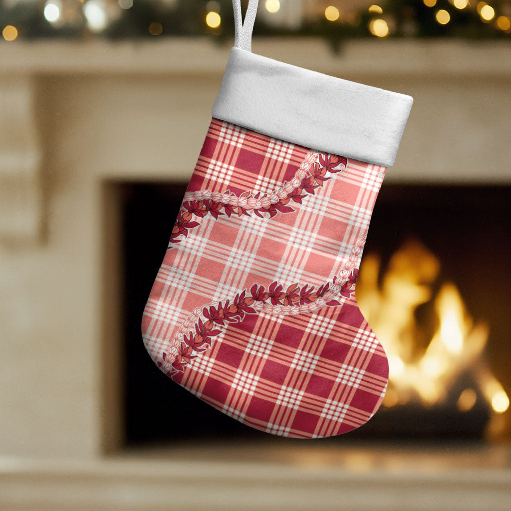 Red Hawaii Palaka Christmas Stocking Hawaiian Pikake Lei