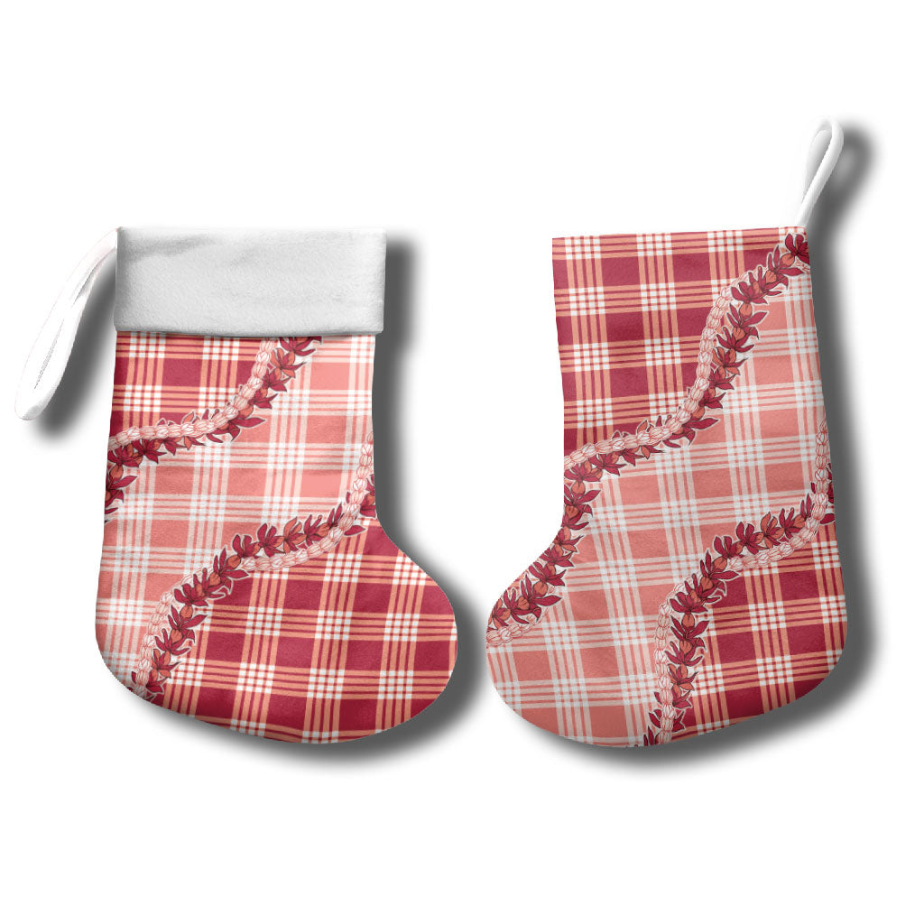 Red Hawaii Palaka Christmas Stocking Hawaiian Pikake Lei