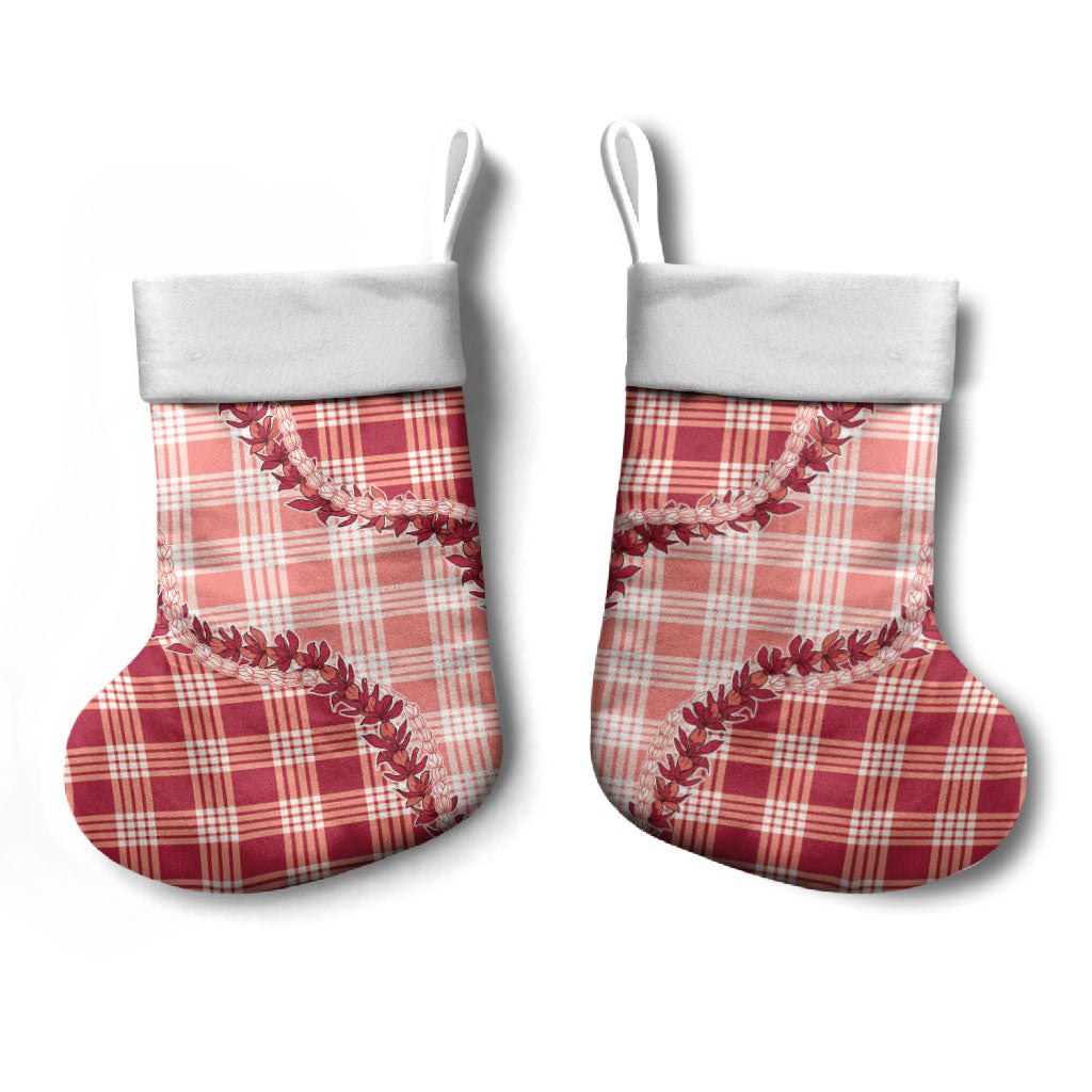 Red Hawaii Palaka Christmas Stocking Hawaiian Pikake Lei
