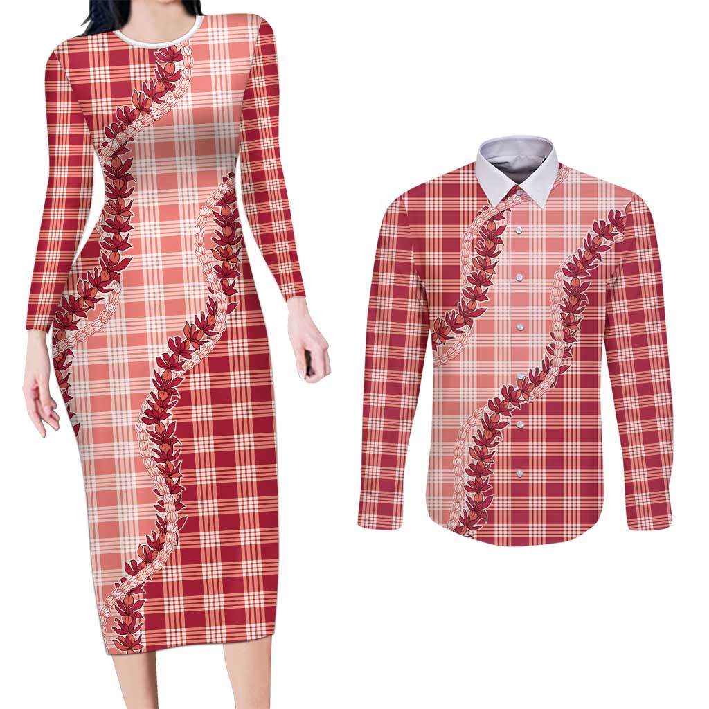 Red Hawaii Palaka Couples Matching Long Sleeve Bodycon Dress and Long Sleeve Button Shirt Hawaiian Pikake Lei LT05 Red - Polynesian Pride