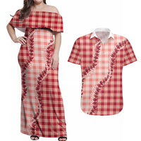 Red Hawaii Palaka Couples Matching Off Shoulder Maxi Dress and Hawaiian Shirt Hawaiian Pikake Lei LT05 Red - Polynesian Pride