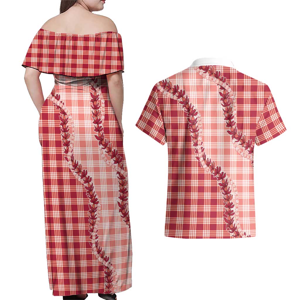Red Hawaii Palaka Couples Matching Off Shoulder Maxi Dress and Hawaiian Shirt Hawaiian Pikake Lei LT05 - Polynesian Pride