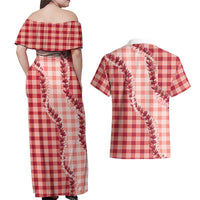 Red Hawaii Palaka Couples Matching Off Shoulder Maxi Dress and Hawaiian Shirt Hawaiian Pikake Lei LT05 - Polynesian Pride