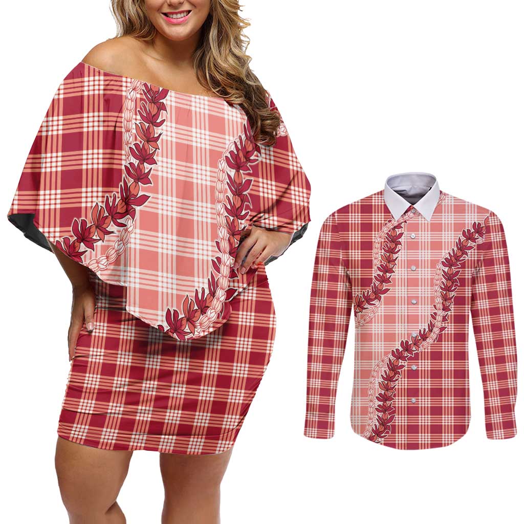 Red Hawaii Palaka Couples Matching Off Shoulder Short Dress and Long Sleeve Button Shirt Hawaiian Pikake Lei LT05 Red - Polynesian Pride