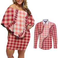 Red Hawaii Palaka Couples Matching Off Shoulder Short Dress and Long Sleeve Button Shirt Hawaiian Pikake Lei LT05 Red - Polynesian Pride