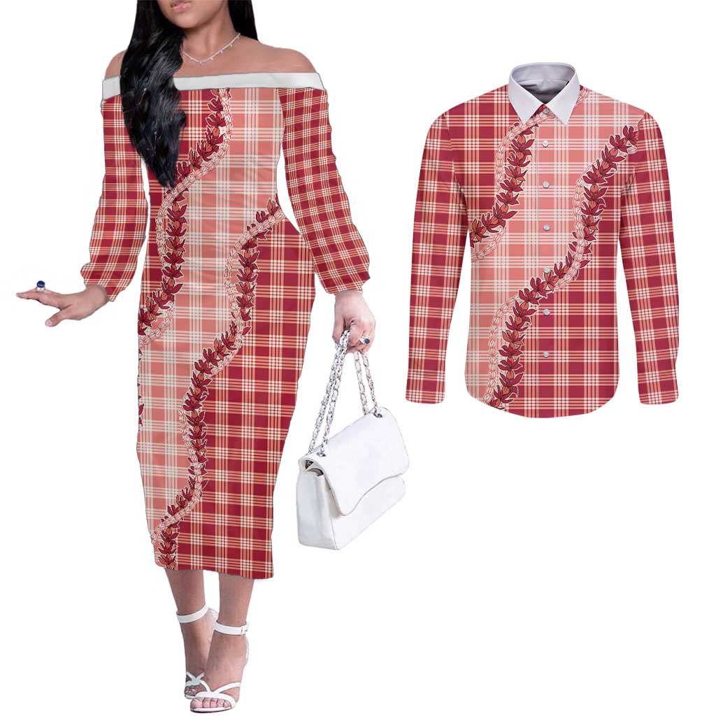 Red Hawaii Palaka Couples Matching Off The Shoulder Long Sleeve Dress and Long Sleeve Button Shirt Hawaiian Pikake Lei LT05 Red - Polynesian Pride