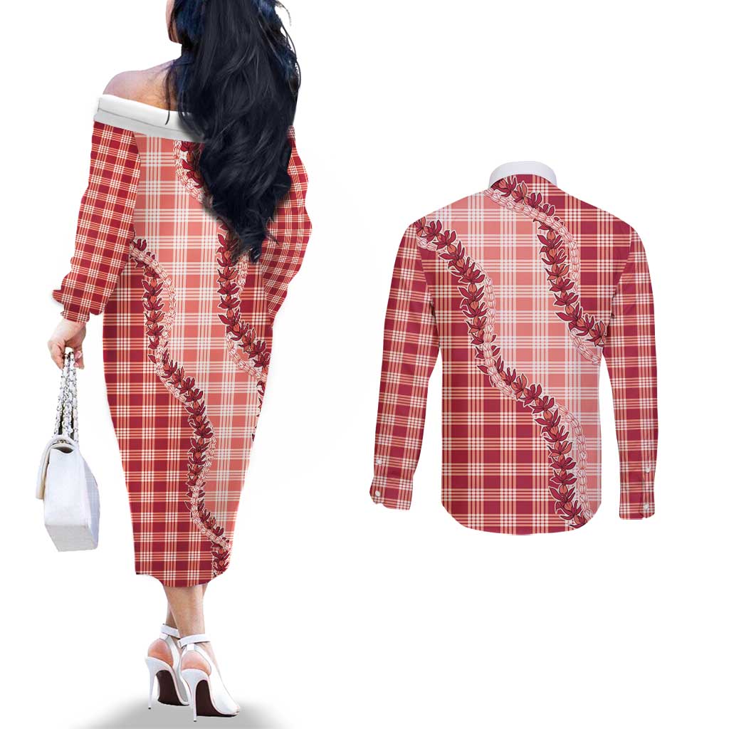 Red Hawaii Palaka Couples Matching Off The Shoulder Long Sleeve Dress and Long Sleeve Button Shirt Hawaiian Pikake Lei LT05 - Polynesian Pride