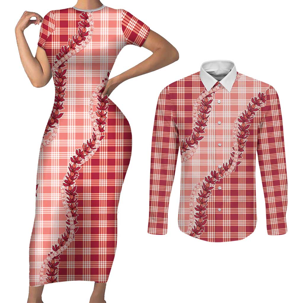 Red Hawaii Palaka Couples Matching Short Sleeve Bodycon Dress and Long Sleeve Button Shirt Hawaiian Pikake Lei LT05 Red - Polynesian Pride