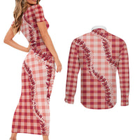 Red Hawaii Palaka Couples Matching Short Sleeve Bodycon Dress and Long Sleeve Button Shirt Hawaiian Pikake Lei LT05 - Polynesian Pride