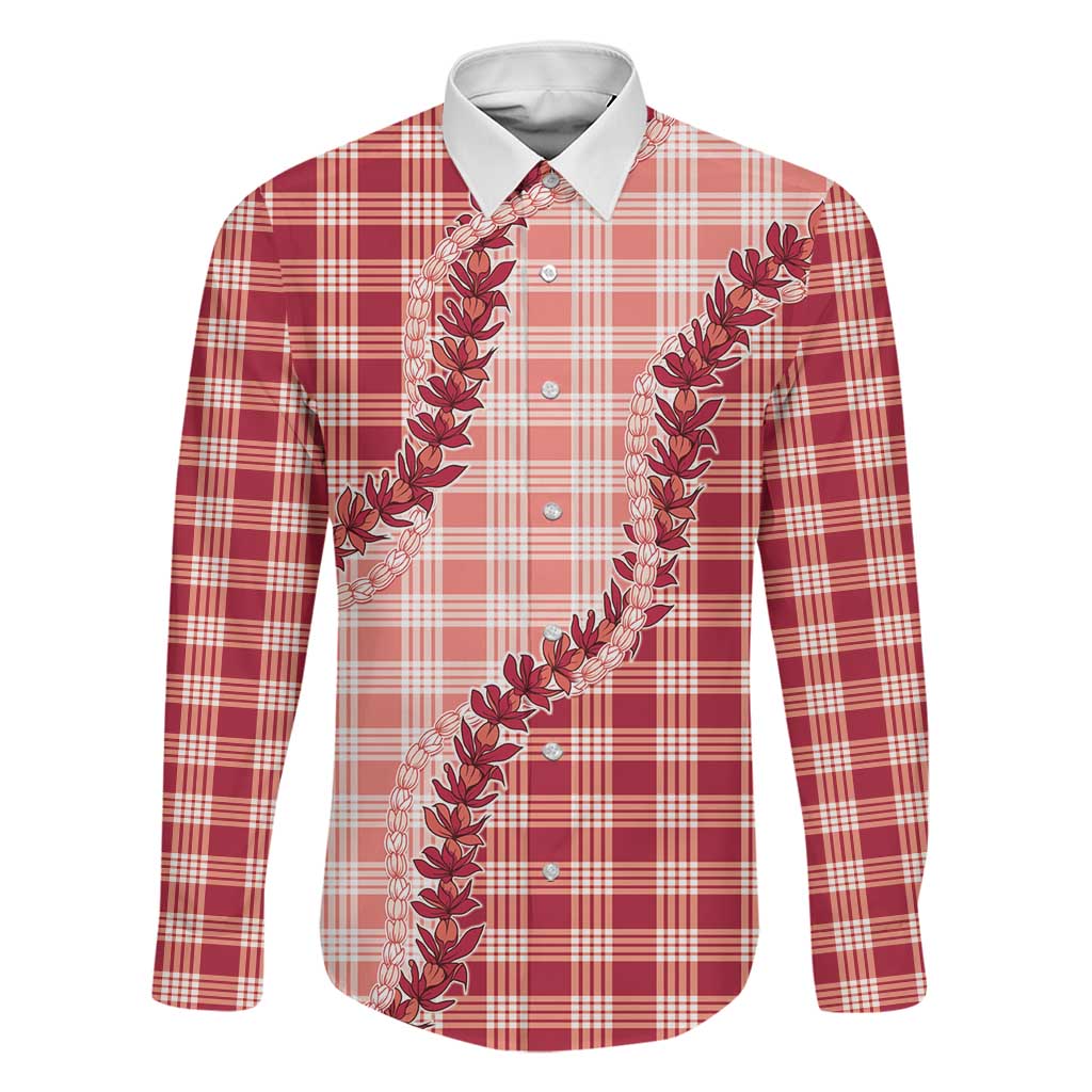 Red Hawaii Palaka Family Matching Long Sleeve Bodycon Dress and Hawaiian Shirt Hawaiian Pikake Lei LT05 Dad's Shirt - Long Sleeve Red - Polynesian Pride