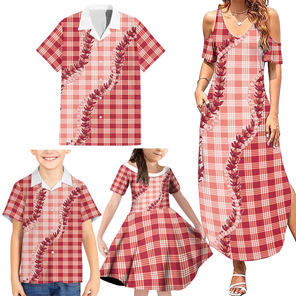 Red Hawaii Palaka Family Matching Summer Maxi Dress and Hawaiian Shirt Hawaiian Pikake Lei LT05 - Polynesian Pride