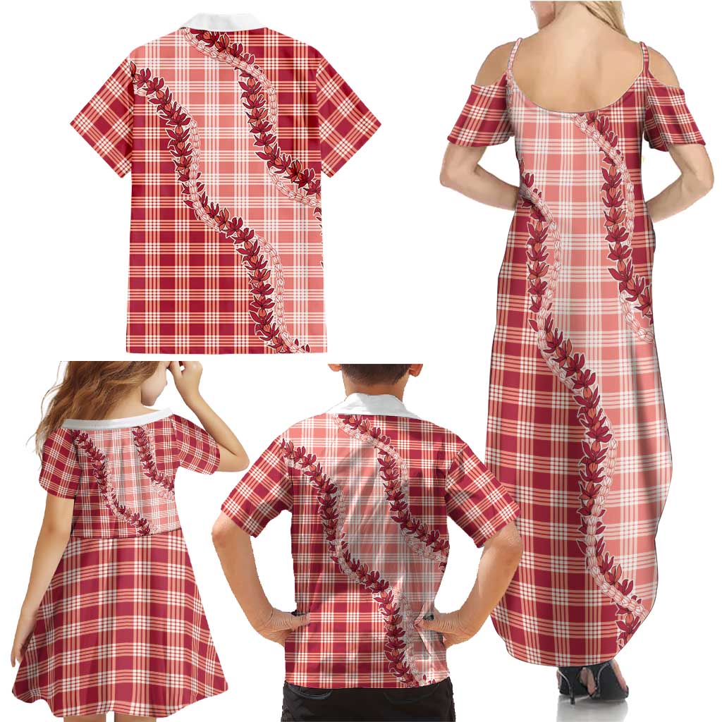 Red Hawaii Palaka Family Matching Summer Maxi Dress and Hawaiian Shirt Hawaiian Pikake Lei LT05 - Polynesian Pride