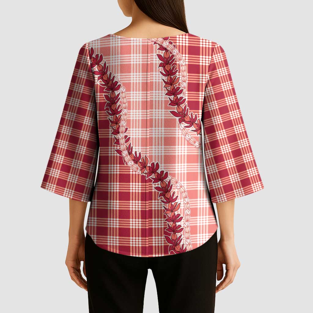Red Hawaii Palaka Kimono Sleeve Blouse Hawaiian Pikake Lei LT05 - Polynesian Pride