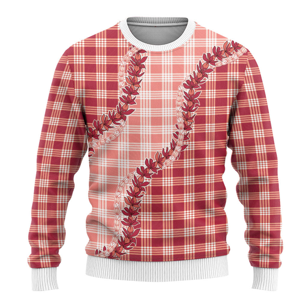 Red Hawaii Palaka Ugly Christmas Sweater Hawaiian Pikake Lei