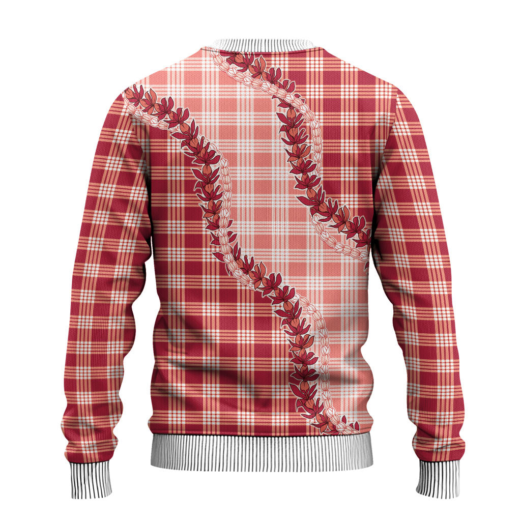 Red Hawaii Palaka Ugly Christmas Sweater Hawaiian Pikake Lei
