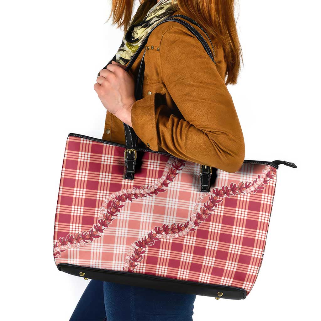 Red Hawaii Palaka Leather Tote Bag Hawaiian Pikake Lei LT05 Red - Polynesian Pride