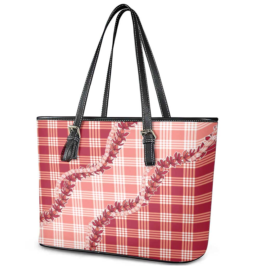 Red Hawaii Palaka Leather Tote Bag Hawaiian Pikake Lei LT05 - Polynesian Pride