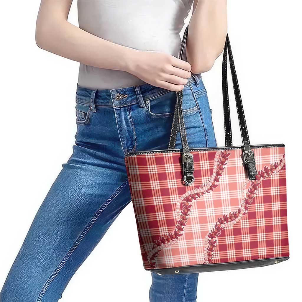 Red Hawaii Palaka Leather Tote Bag Hawaiian Pikake Lei LT05 - Polynesian Pride