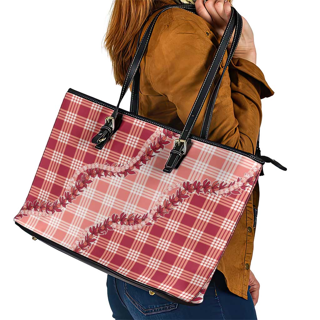 Red Hawaii Palaka Leather Tote Bag Hawaiian Pikake Lei LT05 - Polynesian Pride