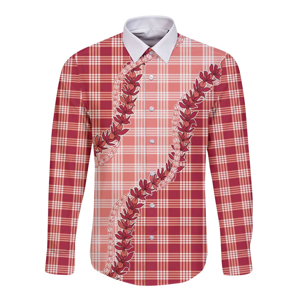 Red Hawaii Palaka Long Sleeve Button Shirt Hawaiian Pikake Lei LT05 Unisex Red - Polynesian Pride