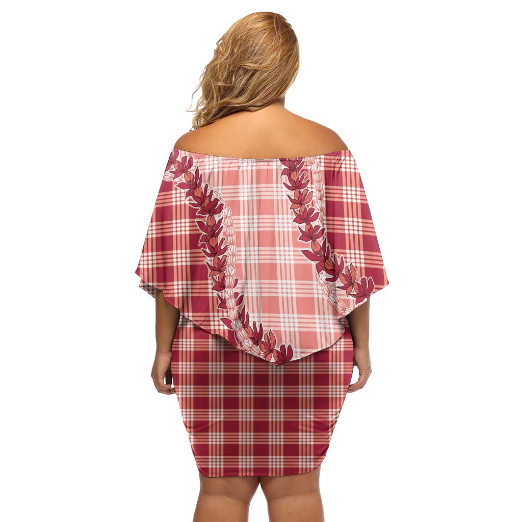 Red Hawaii Palaka Off Shoulder Short Dress Hawaiian Pikake Lei LT05 - Polynesian Pride