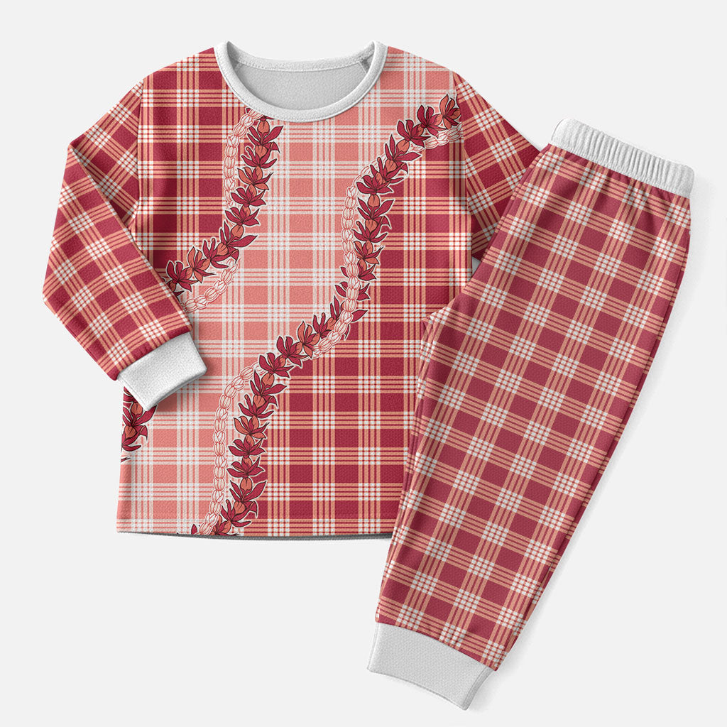 Red Hawaii Palaka Christmas Pajama Set Hawaiian Pikake Lei