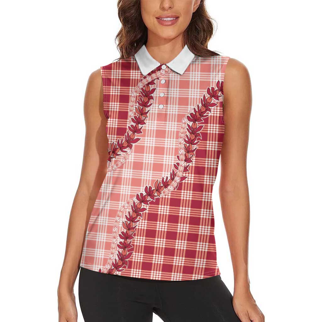 Red Hawaii Palaka Women Sleeveless Polo Shirt Hawaiian Pikake Lei LT05 - Polynesian Pride