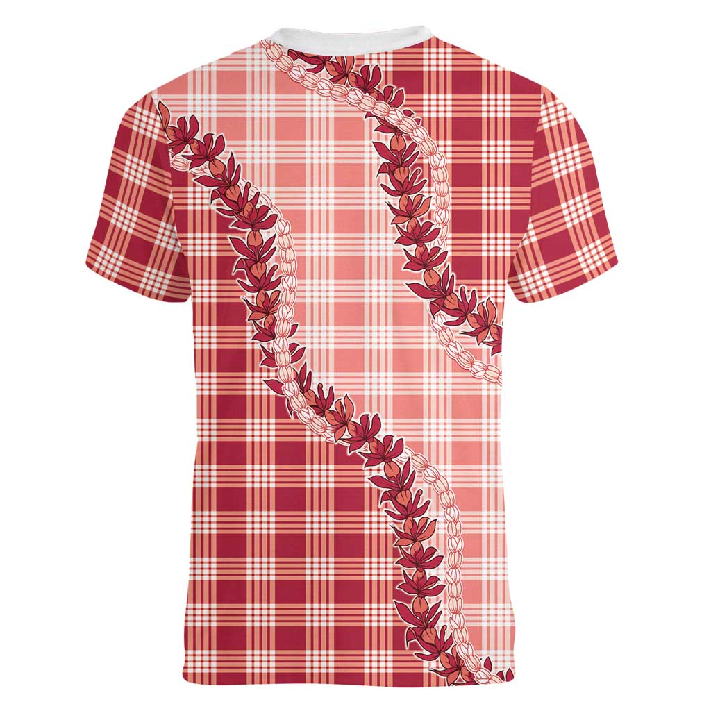 Red Hawaii Palaka Women V-Neck T-Shirt Hawaiian Pikake Lei LT05 - Polynesian Pride