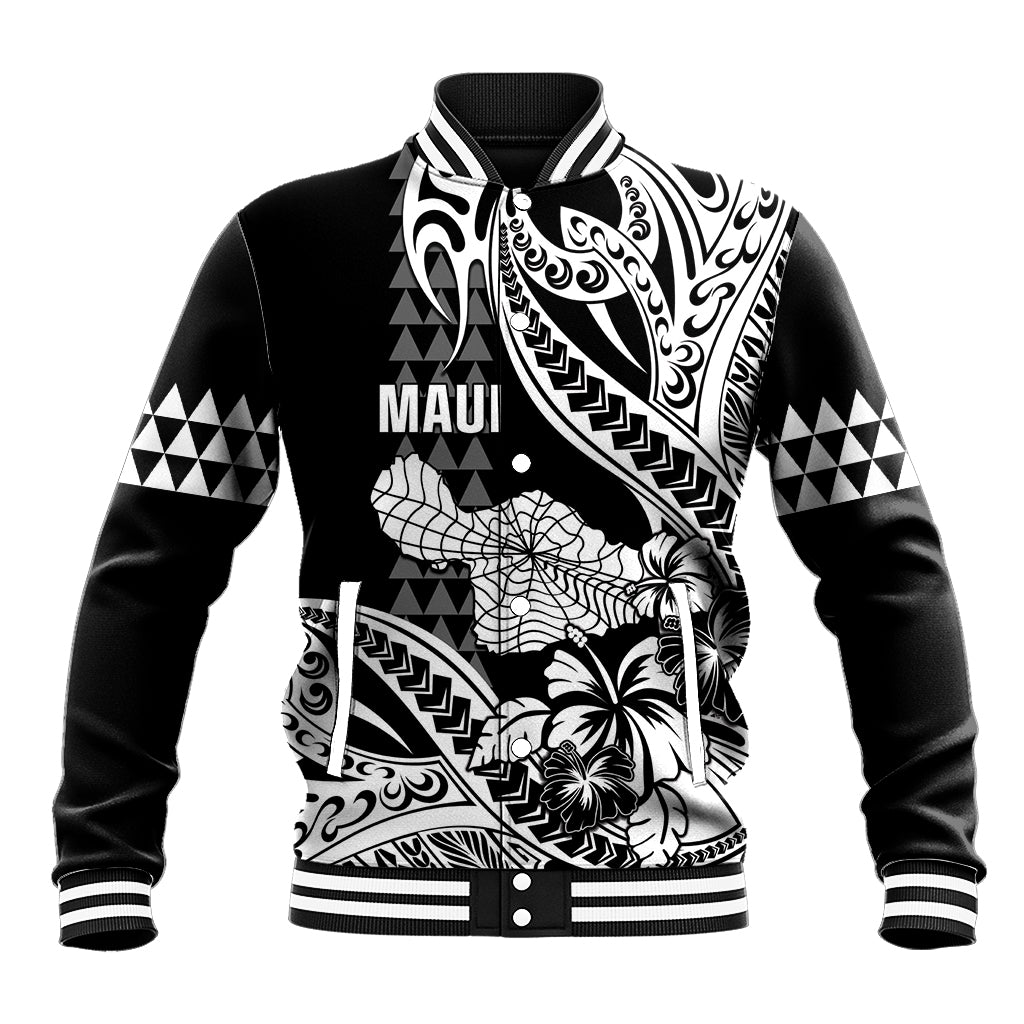 Hawaii Maui Upena Kiloi Baseball Jacket Kakau Tribal Pattern Black Version