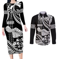 Hawaii Maui Upena Kiloi Couples Matching Long Sleeve Bodycon Dress and Long Sleeve Button Shirt Kakau Tribal Pattern Black Version