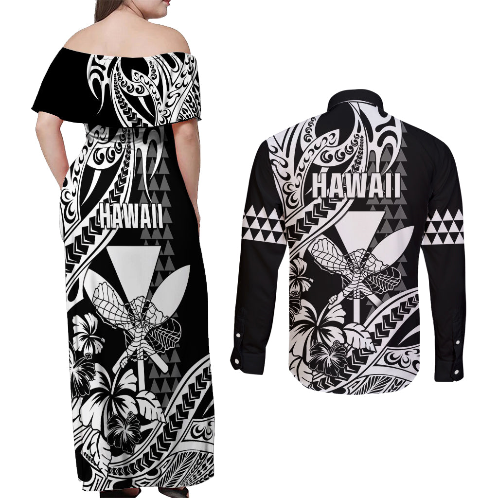 Hawaii Maui Upena Kiloi Couples Matching Off Shoulder Maxi Dress and Long Sleeve Button Shirt Kakau Tribal Pattern Black Version