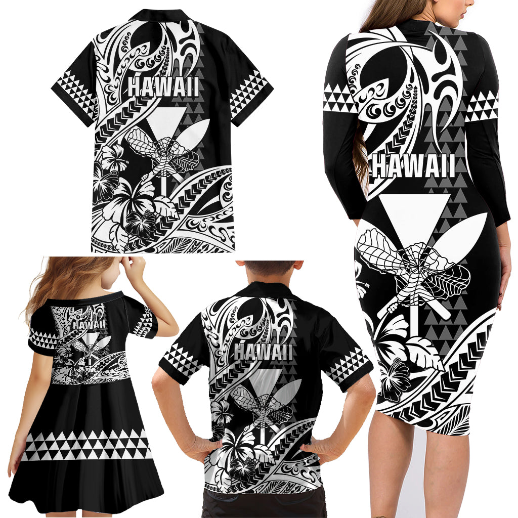 Hawaii Maui Upena Kiloi Family Matching Long Sleeve Bodycon Dress and Hawaiian Shirt Kakau Tribal Pattern Black Version
