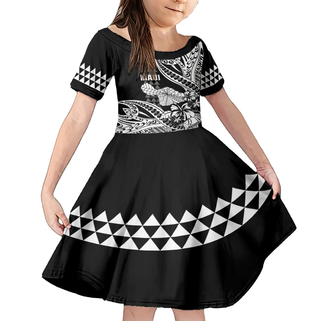 Hawaii Maui Upena Kiloi Kid Short Sleeve Dress Kakau Tribal Pattern Black Version