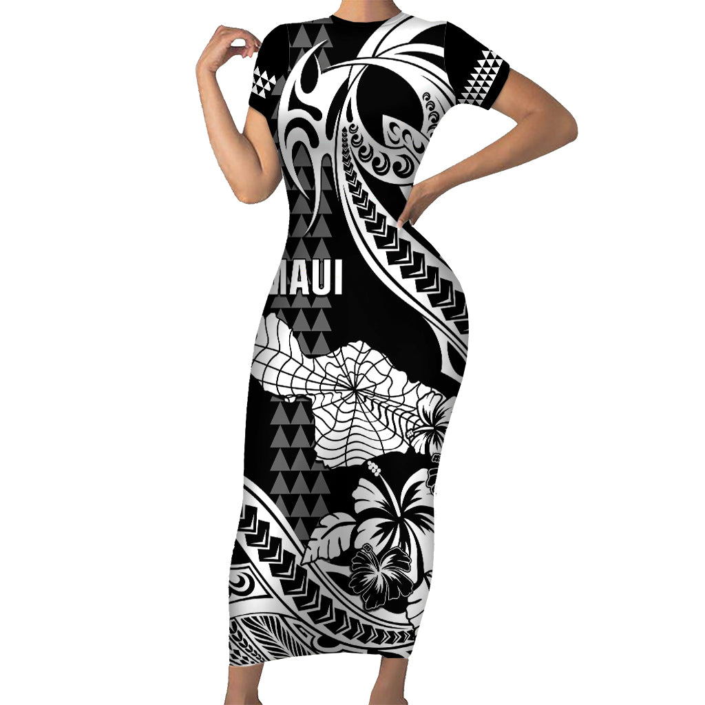 Hawaii Maui Upena Kiloi Short Sleeve Bodycon Dress Kakau Tribal Pattern Black Version