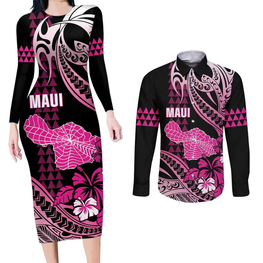 Hawaii Maui Upena Kiloi Couples Matching Long Sleeve Bodycon Dress and Long Sleeve Button Shirt Kakau Tribal Pattern Pink Version