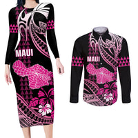 Hawaii Maui Upena Kiloi Couples Matching Long Sleeve Bodycon Dress and Long Sleeve Button Shirt Kakau Tribal Pattern Pink Version