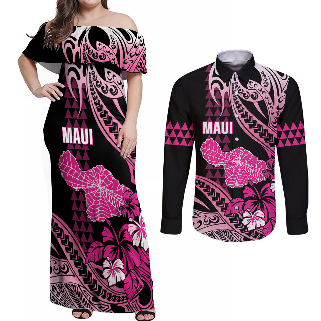 Hawaii Maui Upena Kiloi Couples Matching Off Shoulder Maxi Dress and Long Sleeve Button Shirt Kakau Tribal Pattern Pink Version